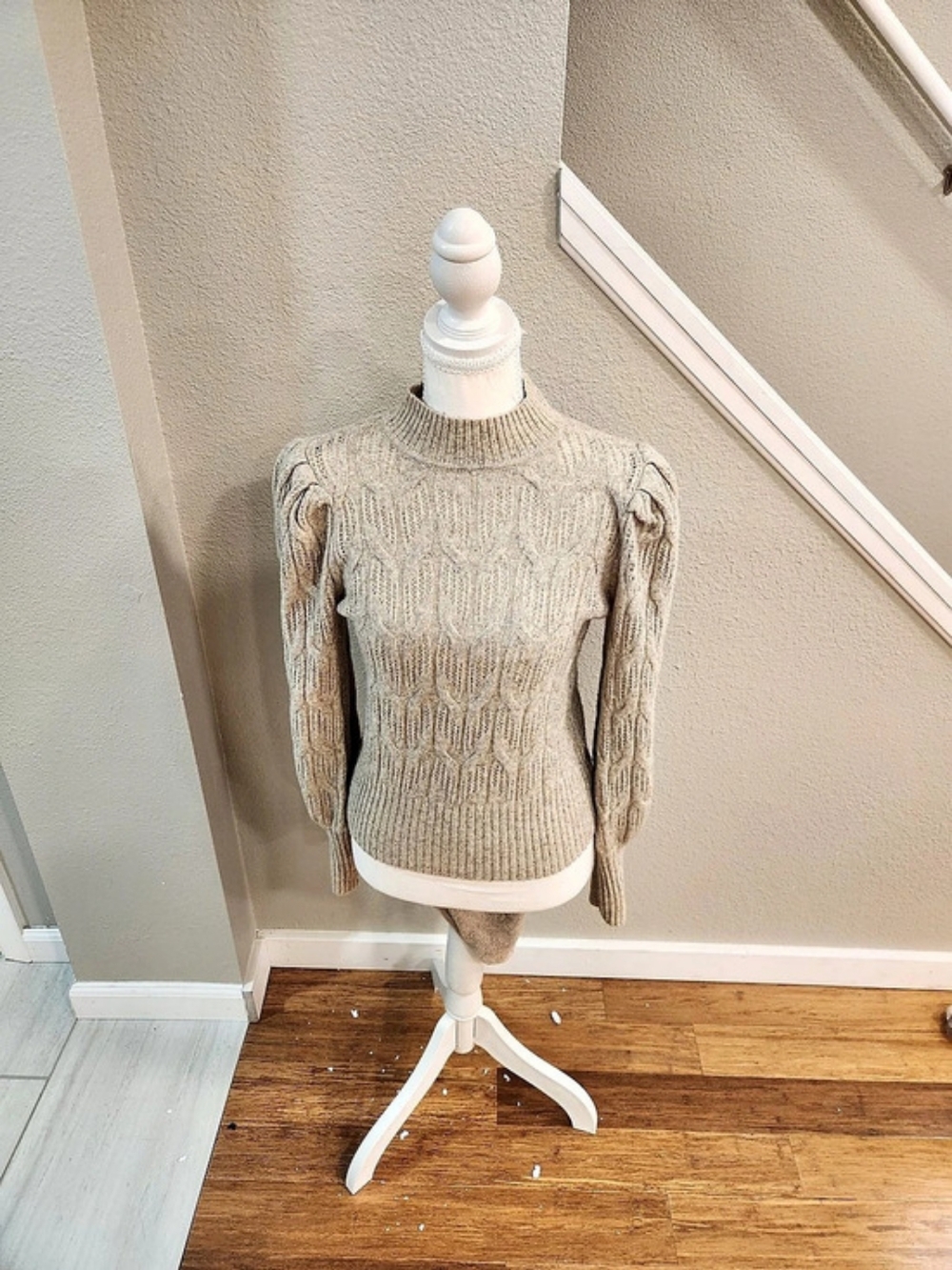 Express Metallic Cable Knit Puff Sleeve Mock Neck Sweater Beige XS